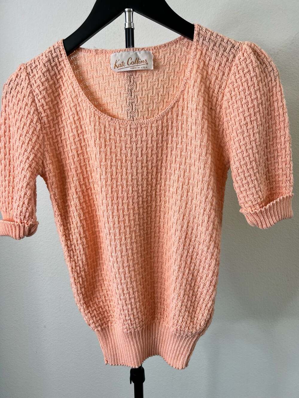 Vintage Kate Collins Short Sleeve Textured Knit Sweater Pink USA Made